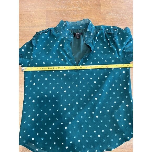 J Crew Polka Dot Sheer Short Sleeve Shirt Women’s Size Small Ruffle Emerald EUC - Picture 4 of 6